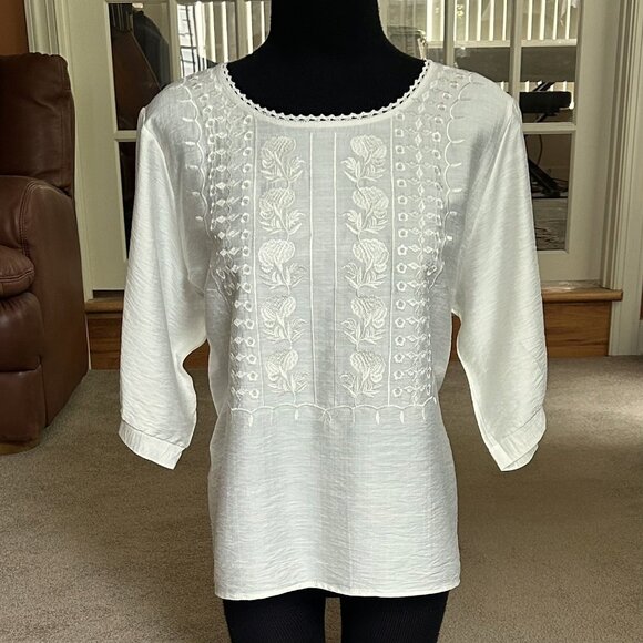 New WOMEN'S LINEN BLEND EMBROIDERED BOHO Blouse Top White Sz Large - Picture 2 of 4